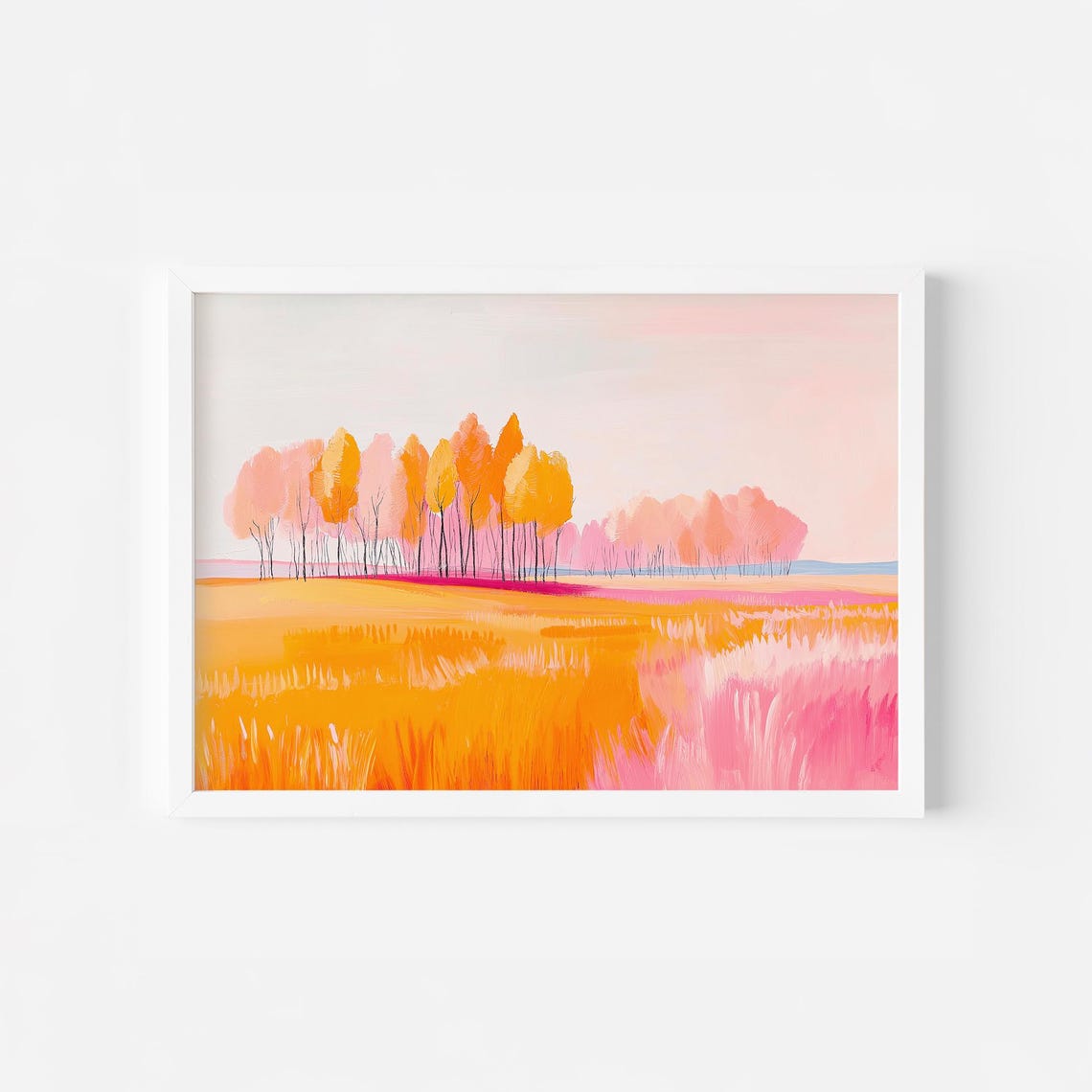 Golden Autumn Meadow With Coral Pink Trees Fall Landscape Poster