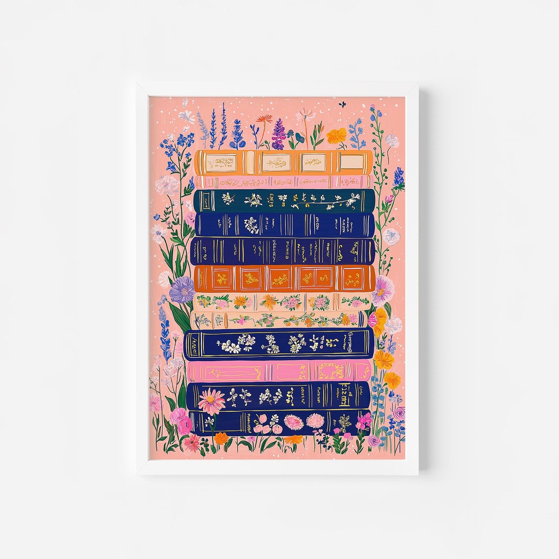 Wildflower Book Stack Reading Nook Colorful Library Lover Wall Art