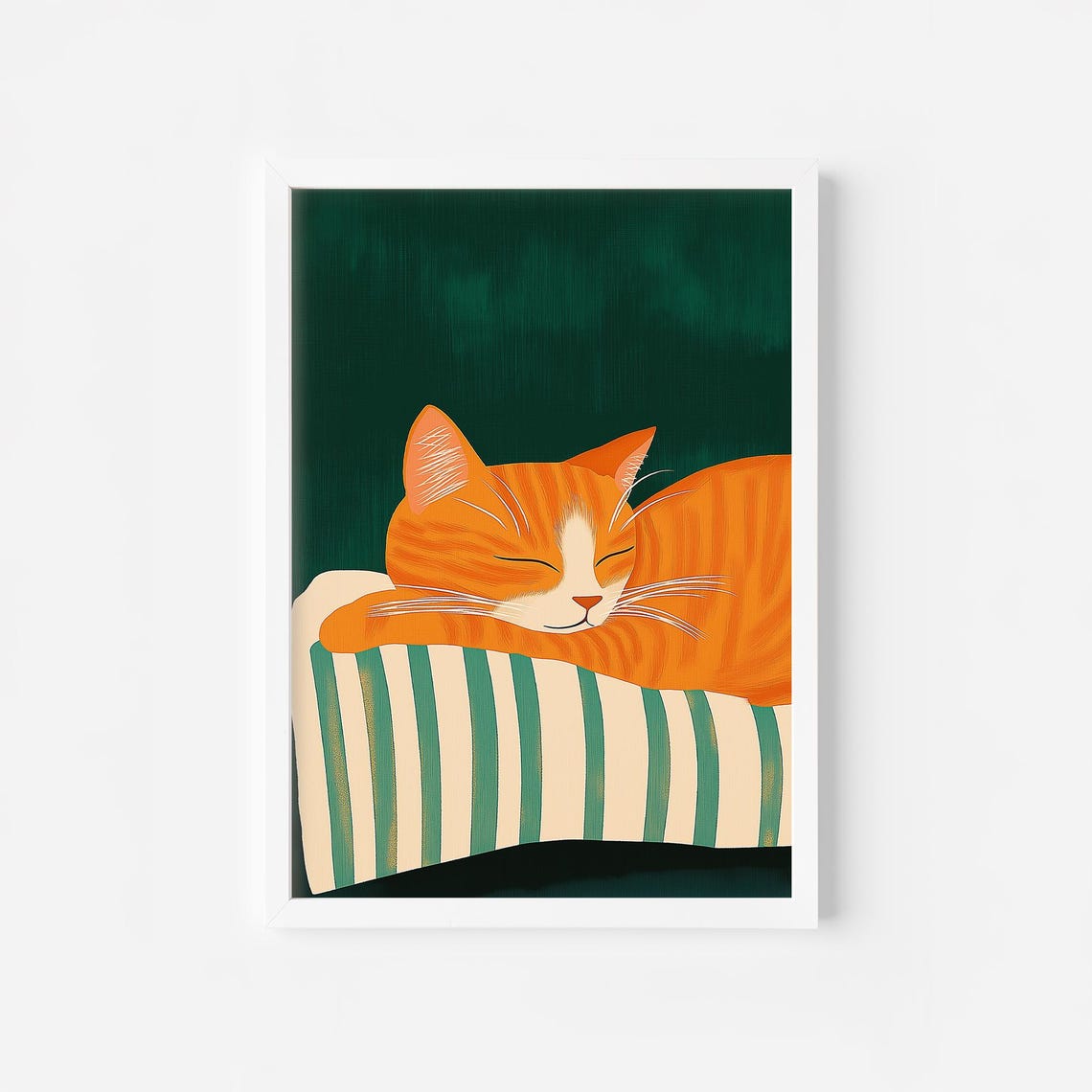 Orange Tabby Cat Sleeping on Striped Cushion Cozy Green Poster