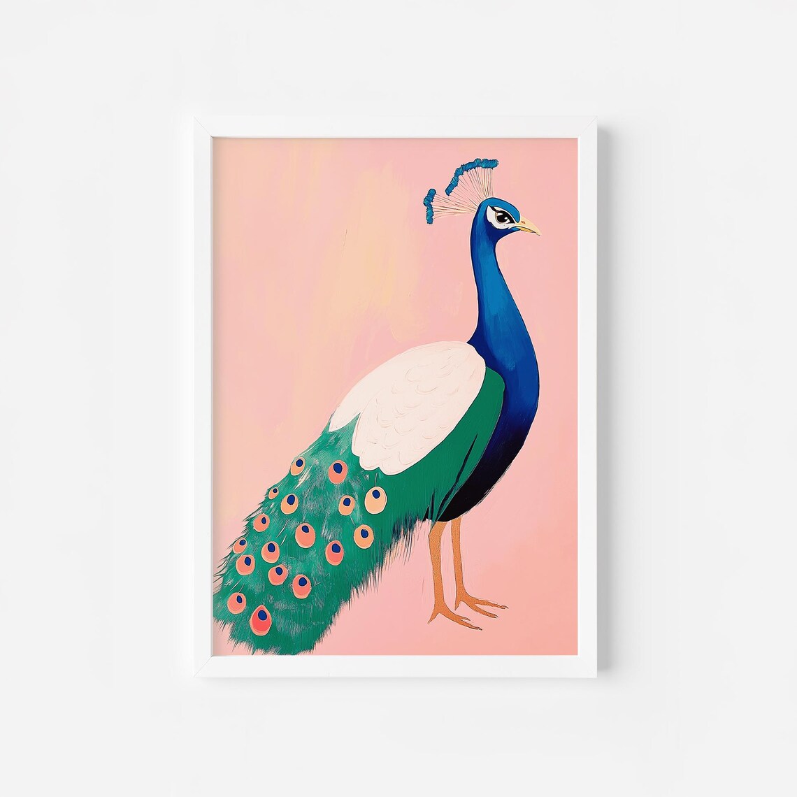 Vivid Blue and Green Peacock on Pink Background Bird Art Poster