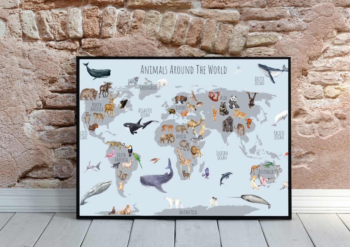 Watercolor Animals Around the World Map Kids Nursery Art Poster