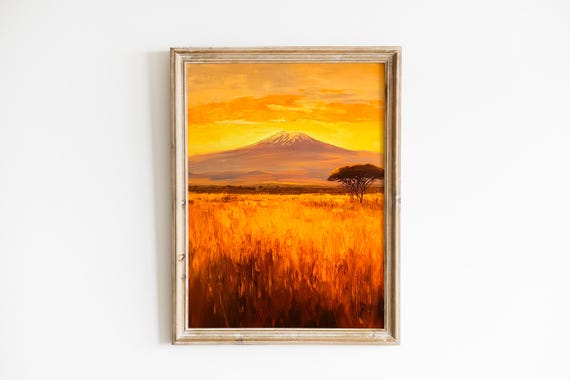 Kilimanjaro Above Golden Savannah Rustic Landscape Wall Art Warm Safari Scene Serene Sunset Decor 519