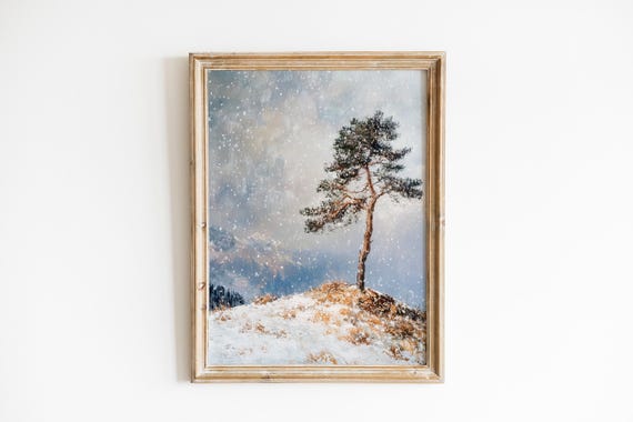 Moody Pine Tree Winter Landscape Print Serene Rustic Wall Art Minimalist Snow Scene Cozy Decor 352