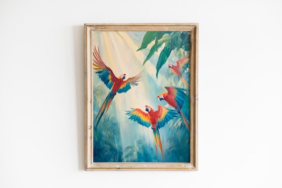 Colorful Macaws In Flight Tropical Jungle Oil Painting Poster