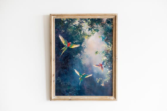 Moody Parrot Painting Vibrant Birds Midflight Natureinspired Dreamy Art Atmospheric Misty Forest Scene Wall 693