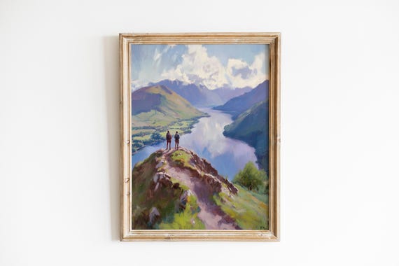 Scenic Mountain Hikers Landscape Art Sunlit Valley And Lake Painting Serene Nature Decor Wall 497