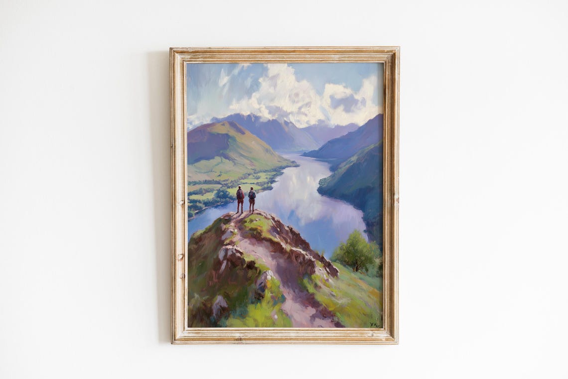 Mountain Hikers Overlooking Lake Valley Scenic Landscape Art Poster