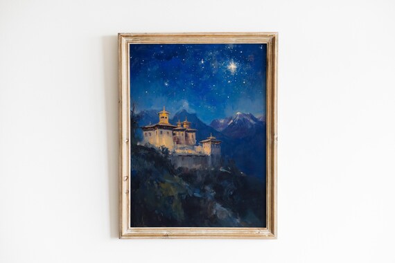 Moody Monastery Nightscape Dramatic Mountain Painting Starry Night Scene Rustic Romatic Sky Instant Wall Art 790