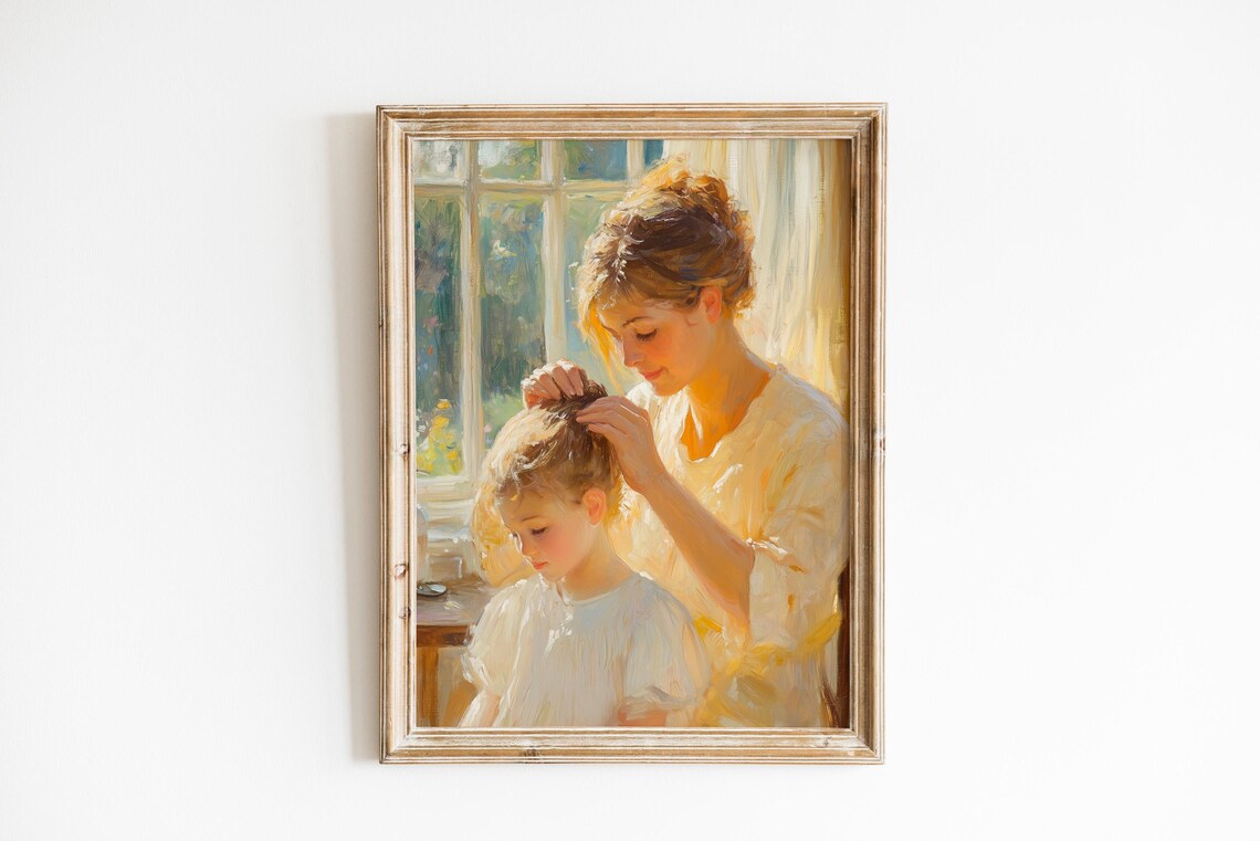 Mother Brushing Daughter Hair By Sunlit Window Painting Poster