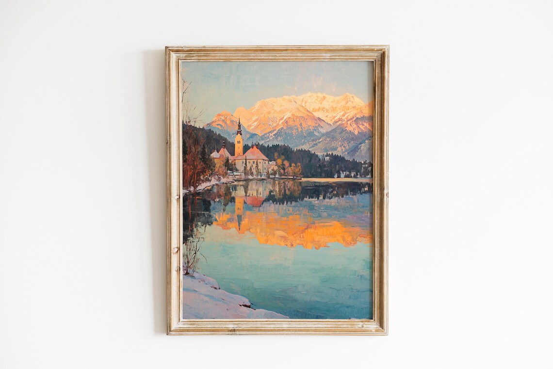 Lake Bled Winter Slovenia Island Church Snowy Reflection Poster