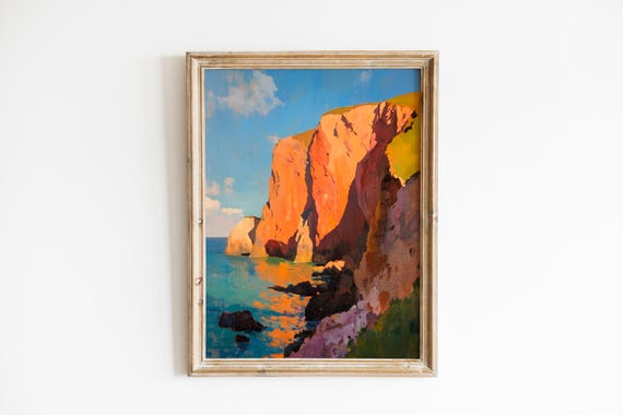Crimson Coastal Cliffs In Late Afternoon Light Moody Landscape Art Turquoise Sea Rocky Shoreline Decor 285