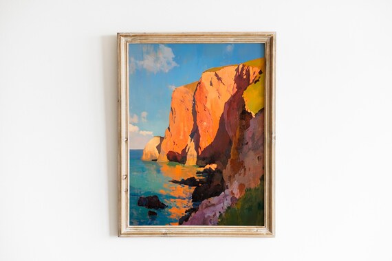 Crimson Coastal Cliffs Late Afternoon Light Seascape Painting Poster