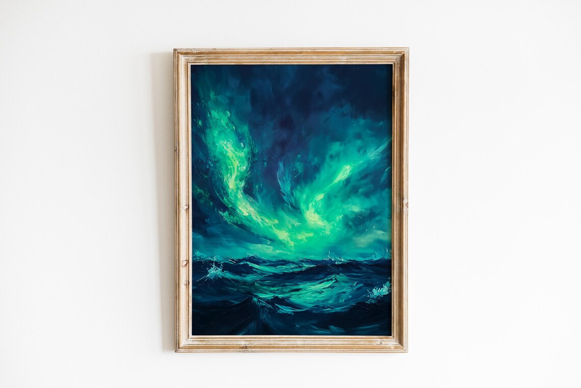 Northern Lights Aurora Borealis Ocean Waves Oil Painting Poster