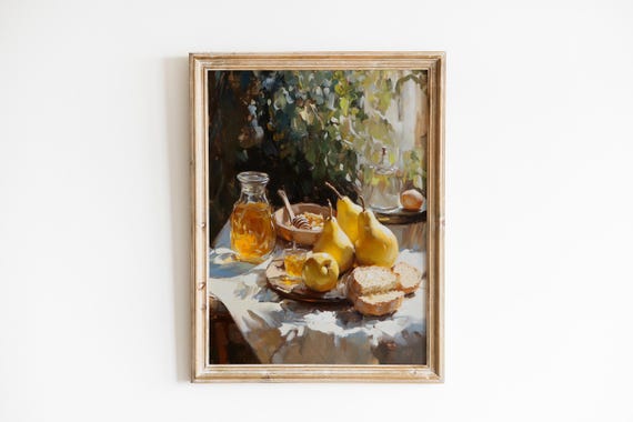Rustic Still Life With Pears Classic Farmhouse Art Moody Vintage Tabletop Scene Cozy Kitchen Decor Painting 850