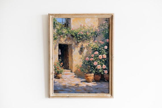 Sunlit Mediterranean Courtyard Roses Terracotta Pots Art Poster