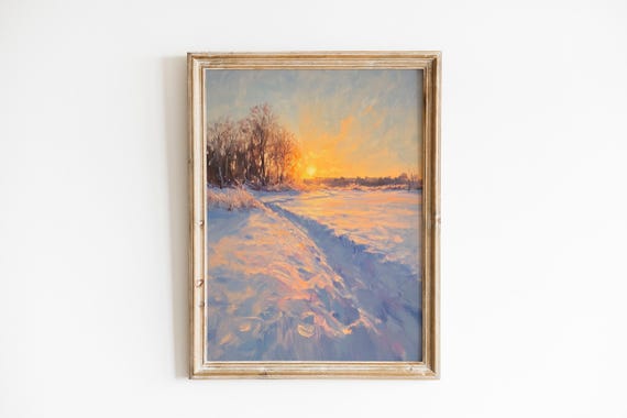 Serene Winter Sunrise Art Rustic Snowfield Landscape Cozy Farmhouse Decor Painterly Oil Painting 302