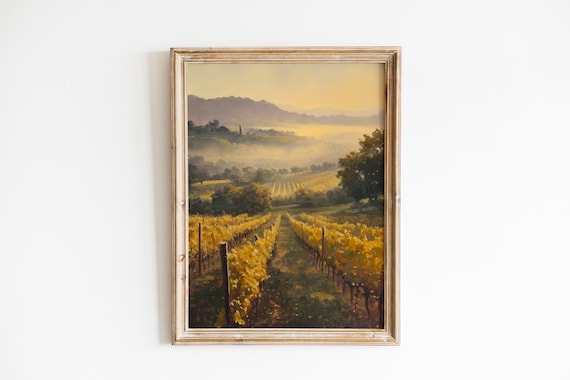 Golden Vineyard At Dawn Foggy Pastoral Hills Landscape Poster