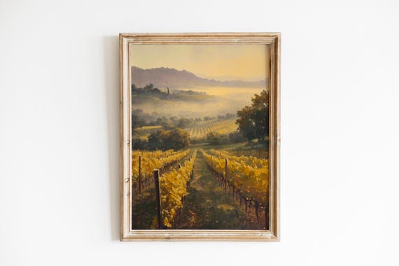 Rustic Moody Vineyard At Dawn Pastoral Scene With Fog Golden Grape Rows Cozy Vintage Wall Decor Art 433
