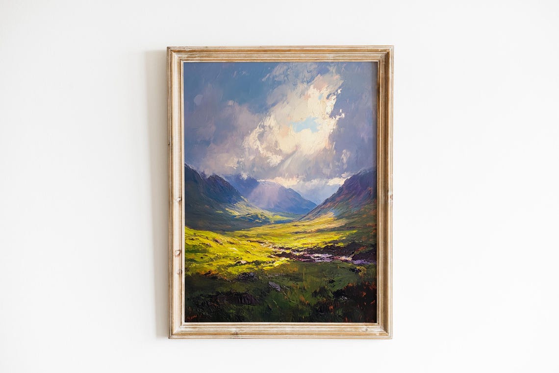 Sunlit Highland Valley Moody Green Hills Dramatic Sky Landscape Poster