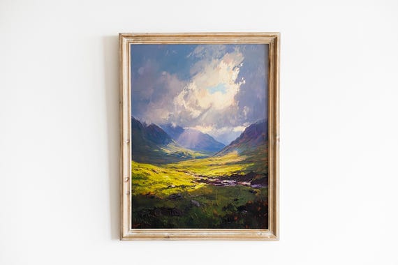 Moody Glen Coe Landscape Dramatic Highlands Scene Rustic Vintageinspired Wall Art Sunlit Valley Panorama 828