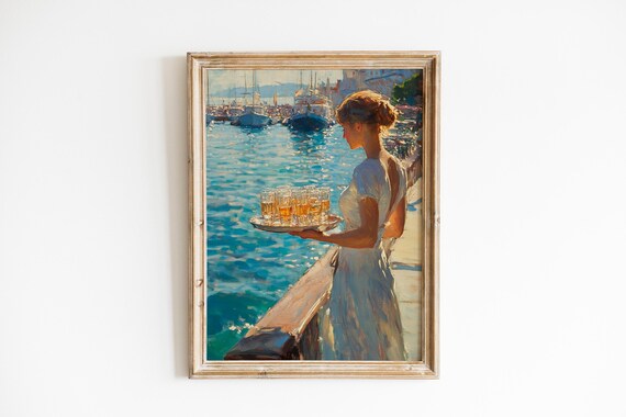 Woman With Drink Tray By Sunlit Harbor Impressionist Oil Painting Print