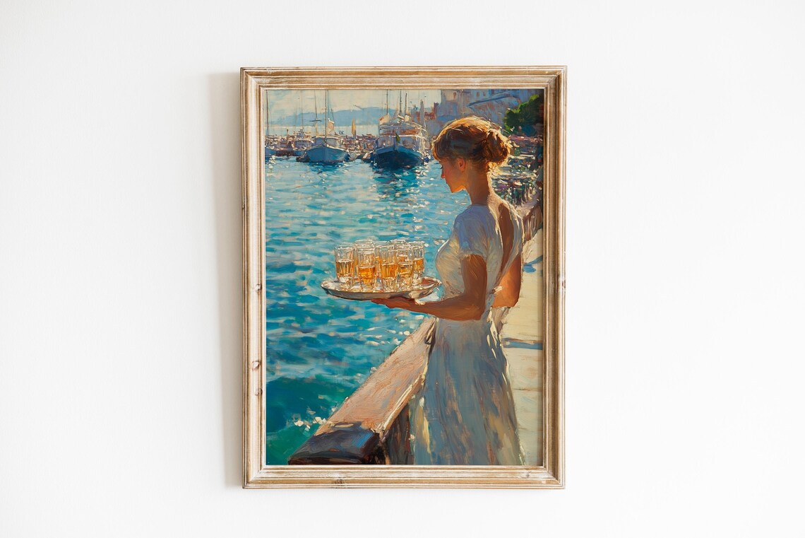 Woman With Drink Tray By Sunlit Harbor Impressionist Oil Painting Print