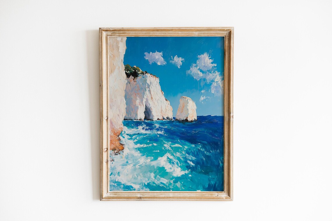 White Cliffs Above Turquoise Waves Dramatic Seascape Oil Painting Poster