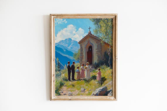 Rustic Mountain Chapel Family Gathering Vintage Pastoral Scene Serene Landscape Art Devotional Wall 1049
