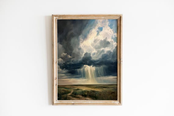 Moody Thunderstorm Wall Art Dramatic Vintage Landscape Painting Stormy Scenic Decor Atmospheric Earthy Plains 420
