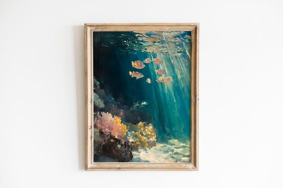 Sunlit Coral Reef Seascape Art Moody Coastal Wall Decor Vibrant Ocean Painting With Colorful 811