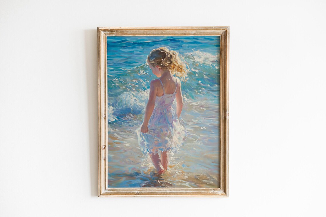 Little Girl Wading Into Summer Surf Sparkling Waves Beach Art Poster