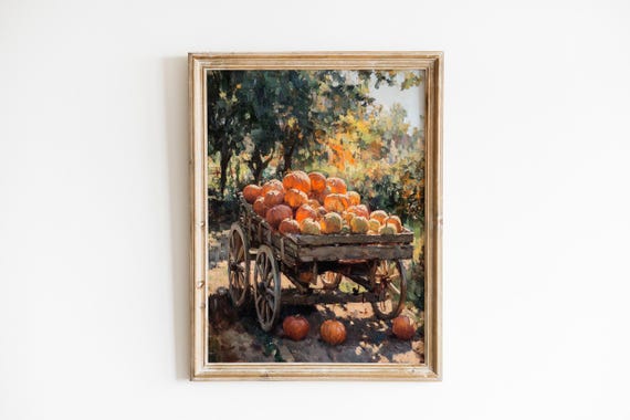 Rustic Autumn Harvest Painting Farmhouse Pumpkin Cart Art Cozy Fall Decor Earthy Landscape With Sunlit Foliage 1055