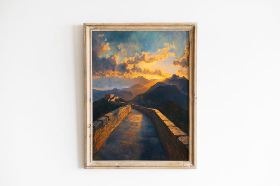 Dramatic Great Wall Of China At Dawn Moody Landscape Art Warm Sunrise Scene Historic Decor 343