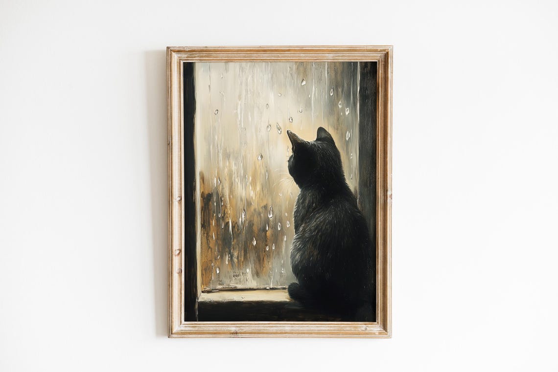 Moody Black Cat Watching Rain Streaked Window Vintage Style Wall Art