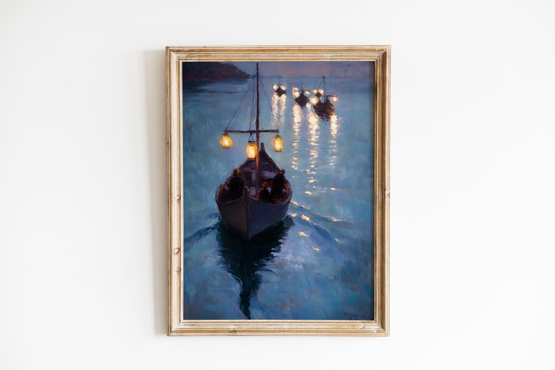 Fishing Boats With Lanterns At Dusk Calm Water Oil Painting Poster