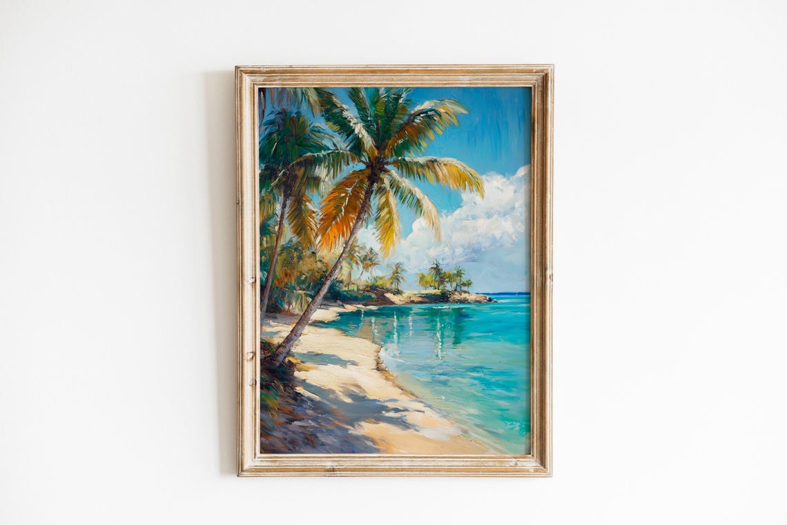 Tropical Palm Tree Beach Turquoise Ocean Vintage Travel Poster