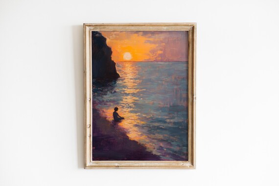 Rustic Sunrise Seascape Art Warm Coastal Landscape Moody Dawn Reflections Serene Ocean Scene Wall Decor 316