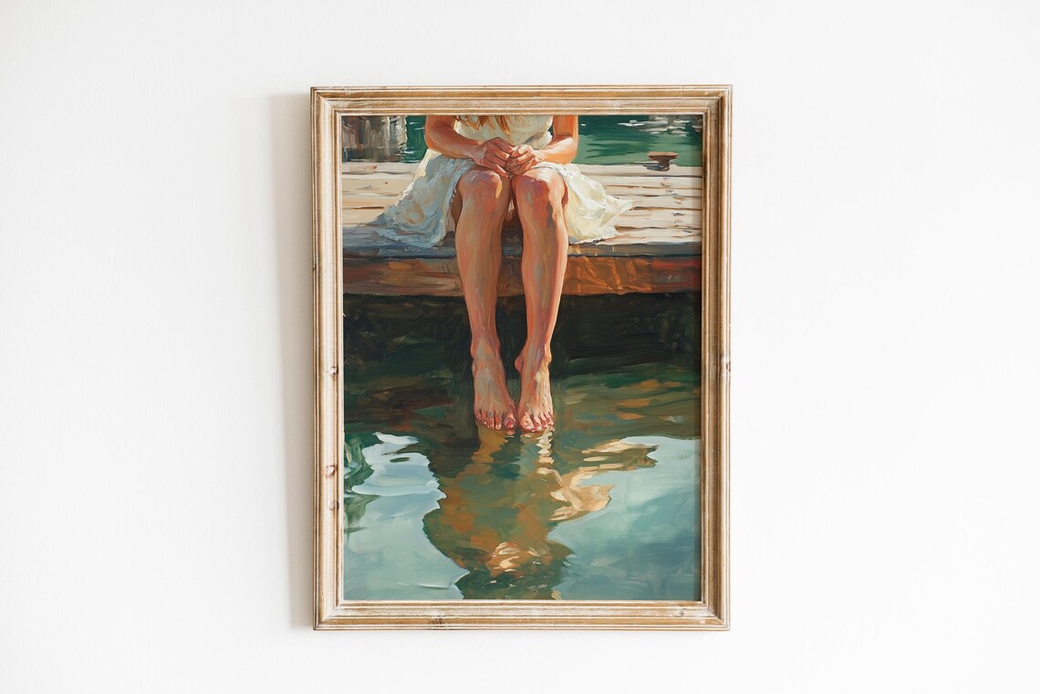 Woman Sitting on Dock Feet in Water Impressionist Lake Painting Summer Print