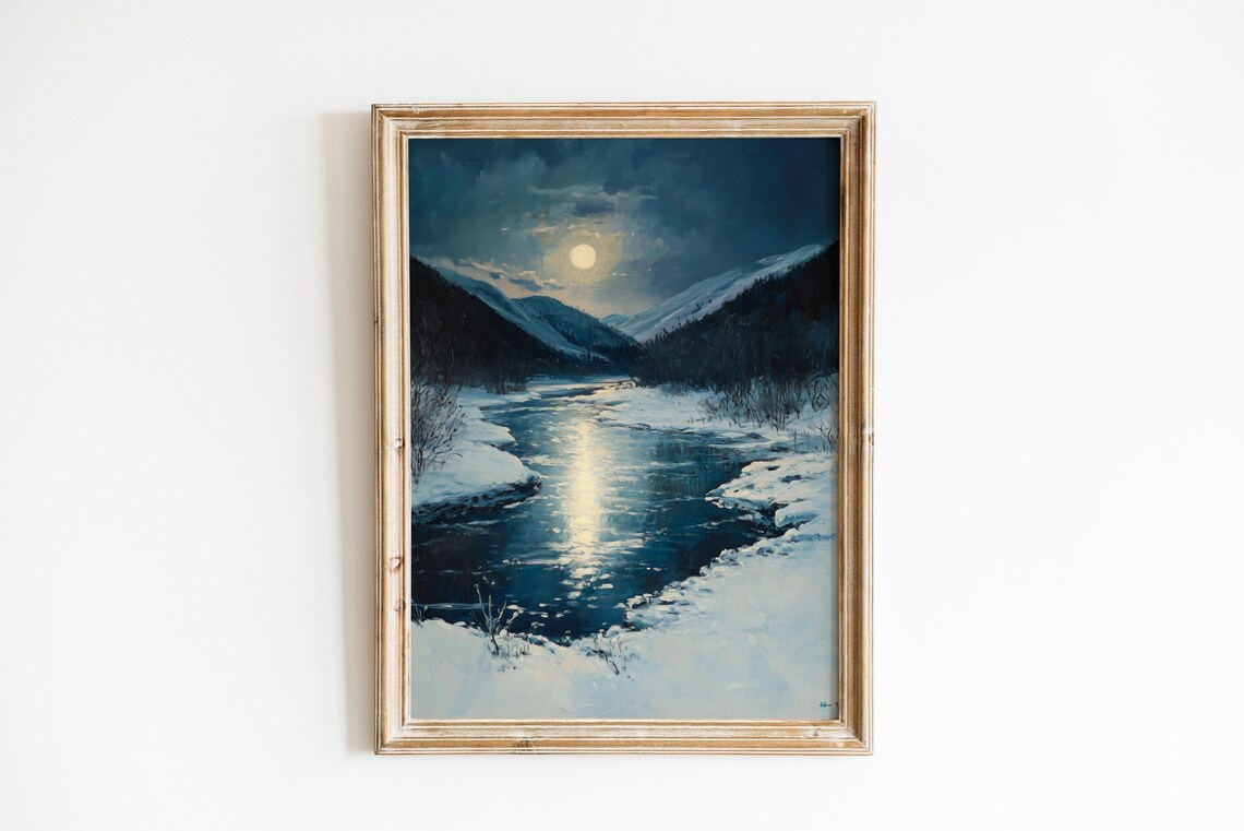 Full Moon Over Frozen River Snowy Mountains Night Landscape Poster