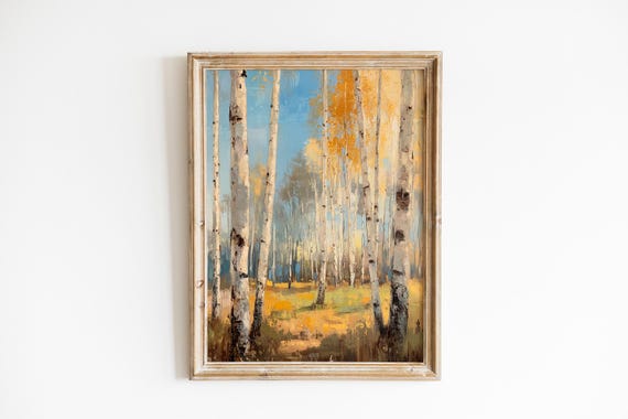 Rustic Birch Trees In Serene Forest Scene Impressionist Art Moody Nature Decor Wall Calm After Rain 604