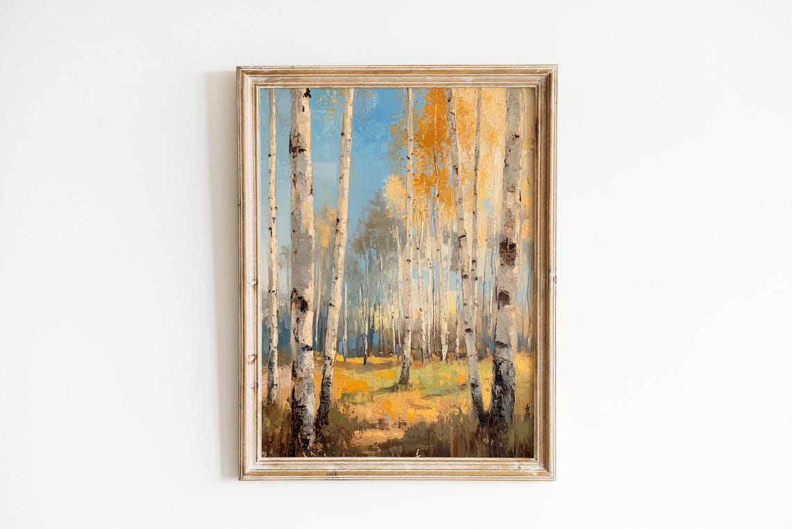 Golden Birch Trees in Autumn Forest Impressionist Oil Painting Poster