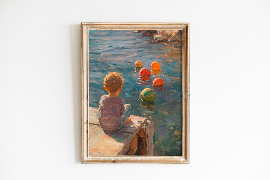 Child On Dock Watching Colorful Buoys Summer Water Art Print