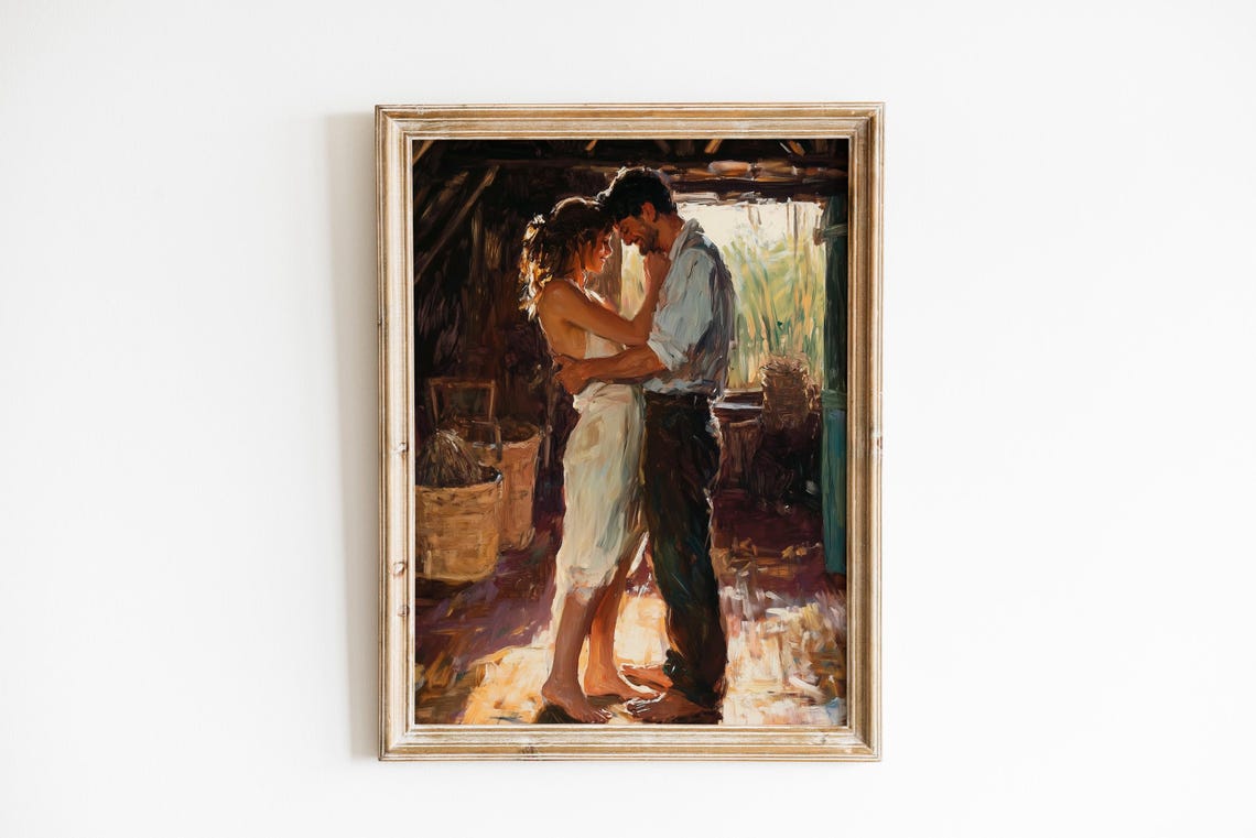 Rustic Romance Couple Embracing in Barn Vintage Farmhouse Poster