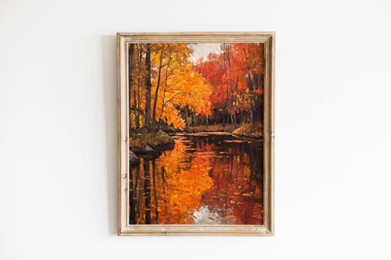 Fiery Autumn Foliage Reflected in Calm River Oil Painting Poster