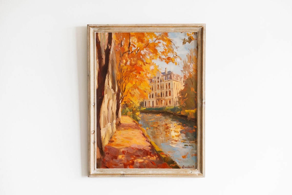 Autumn Riverside Path Canal Fall Foliage Impressionist Oil Poster