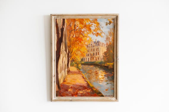 Autumn Riverside Path Canal Fall Foliage Impressionist Oil Poster