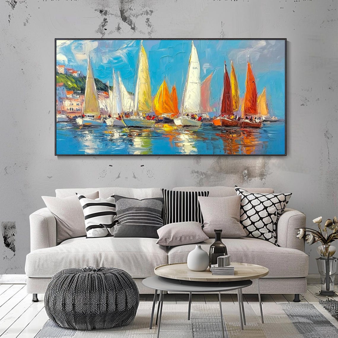 Colorful Sailboat Regatta Harbor Coastal Town Blue Sky Sailing Poster - Image 2
