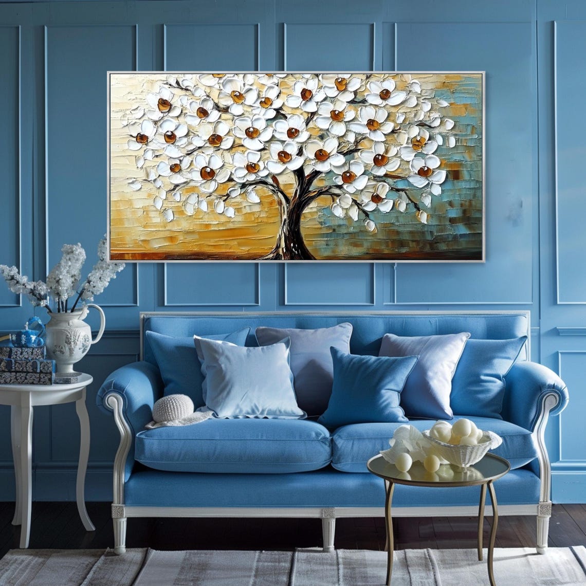 White Blossom Tree Full Bloom Golden Blue Textured Spring Wall Art - Image 3