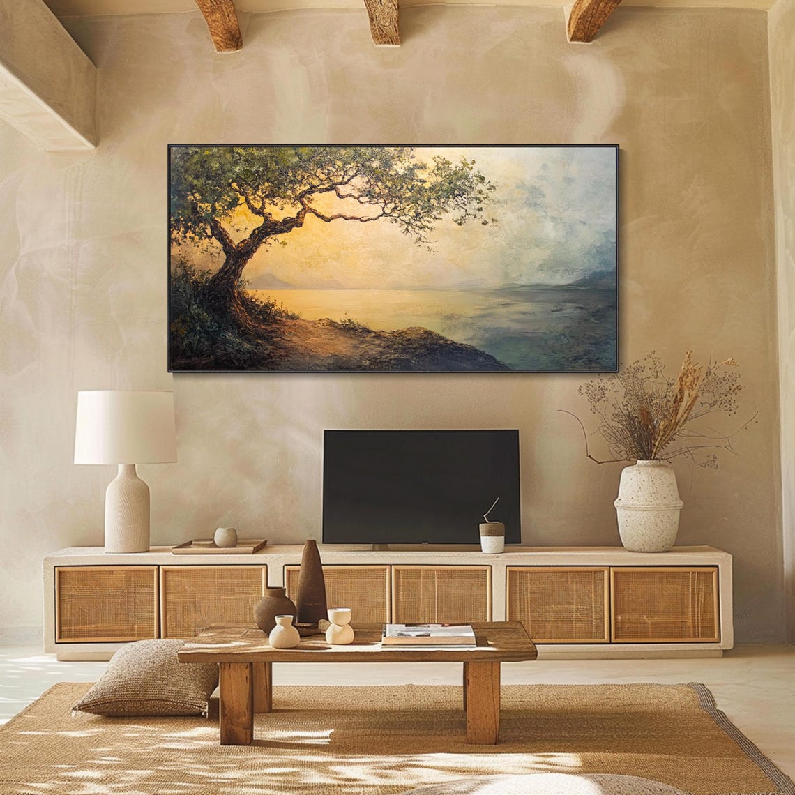 Coastal Cliff Lone Tree Golden Sunset Calm Sea Misty Hills Poster - Image 2