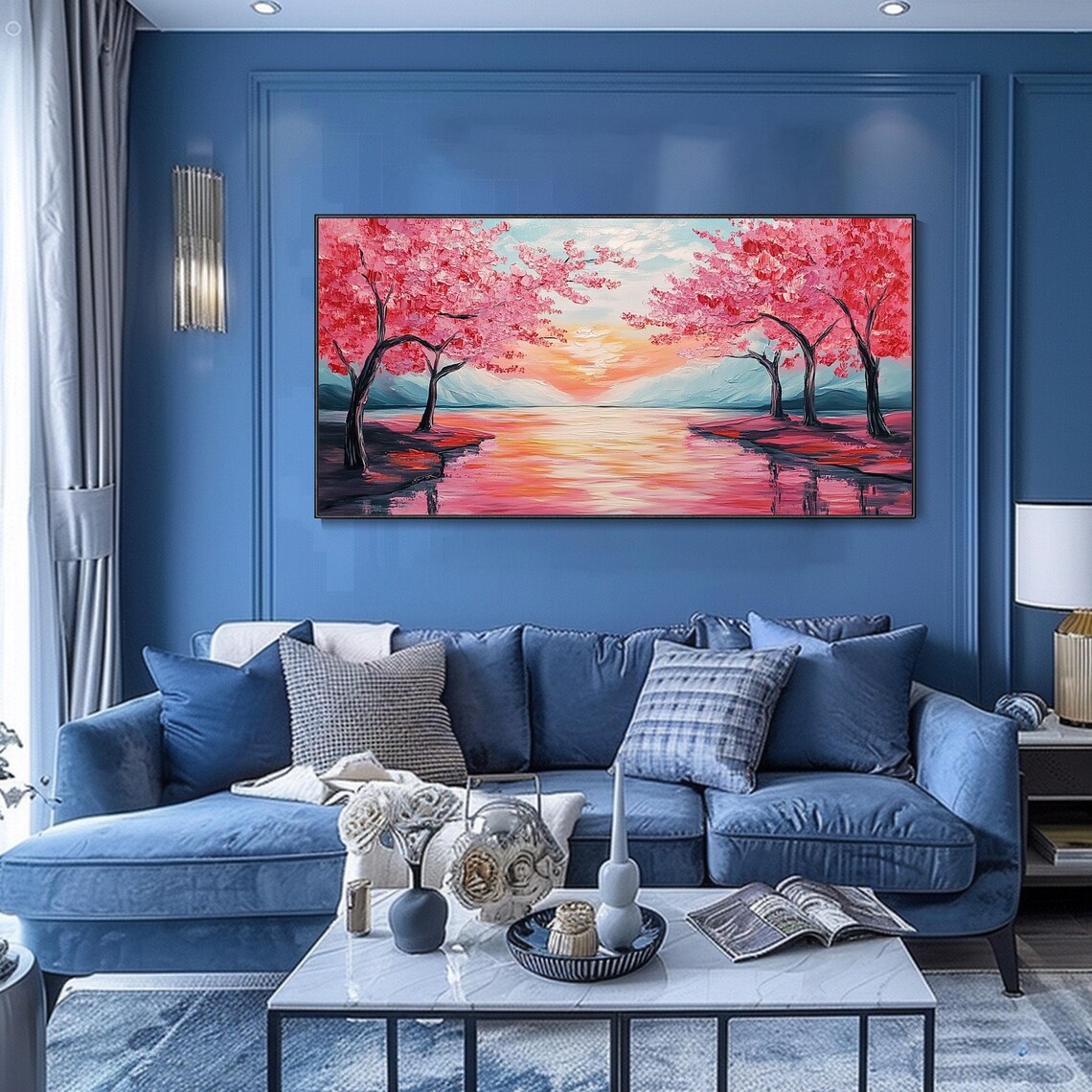 Pink Cherry Blossom Trees Pink Lake Sunset Dreamy Spring Travel Poster - Image 2